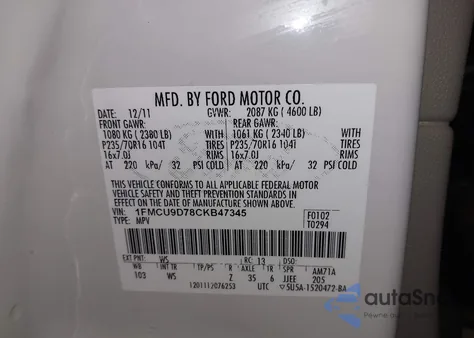 2012 Ford Escape Xlt z USA, uszkodzony, nr VIN 1FMCU9D78CKB47345